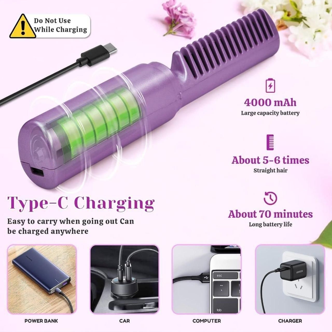 Portable Cordless Mini Hair Straightener & Hot Comb — Rechargeable, Travel-Friendly, Adjustable Heat Style